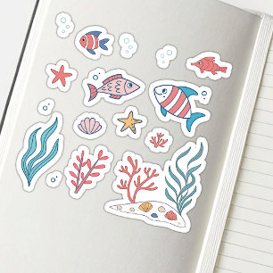 Sticker Thème sous-marin mignon Poissons Étoiles de mer Pl