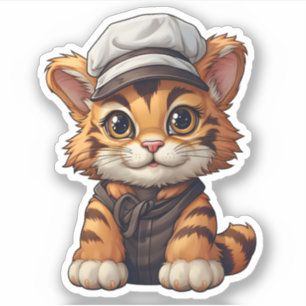 Sticker Tigre adorable portant Casquette blanc Tigre anima