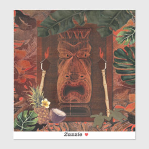 Sticker Tiki en bois vintage et torche Aloha hawaïen