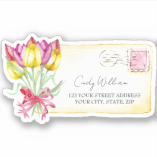 Sticker Timbre de carte postale aux tulipes à l'aquarelle 