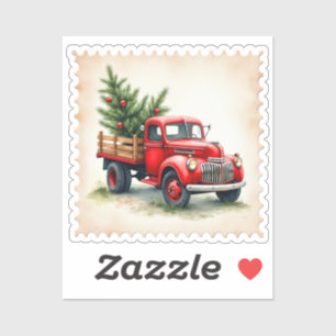 Sticker Timbre de Noël camion rouge vintage