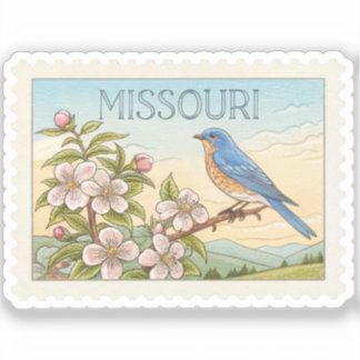 Sticker Timbre Fleur de Aubépine Oiseau Bleu Vintage du Mi