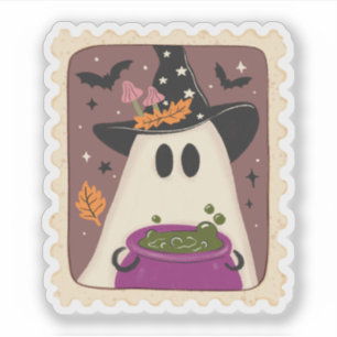 Sticker Timbre Halloween Fantôme Sorcière & Chaudron Vinta