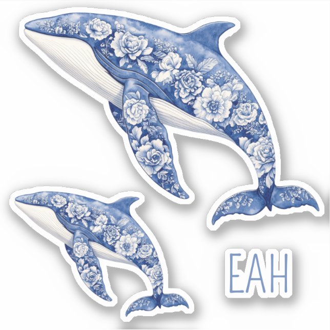 Sticker Toile Bleue Plage Florale Dolphins Monogramme (Devant)