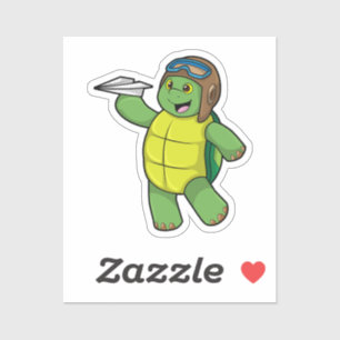 Sticker Tortue comme pilote avec avion en papier