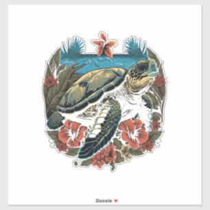 Sticker Tortue Tortues de mer hawaïennes Fleur d'hibiscus