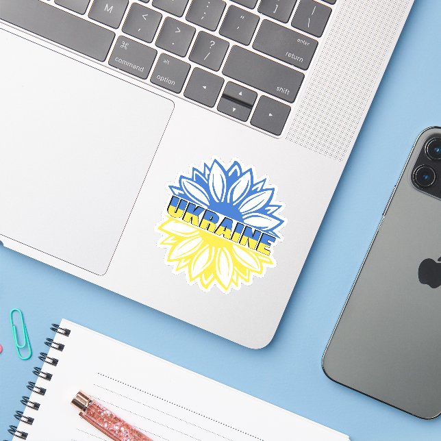 Sticker Tournesol bleu et jaune avec inscription Ukraine (Ordinateur portable avec iPhone)