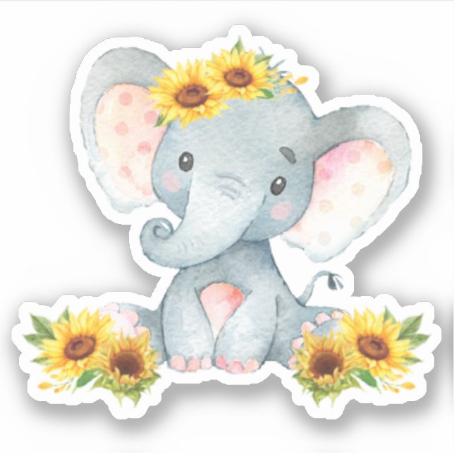 Sticker Tournesol floral mignonne bébé éléphant coupé Viny (Devant)