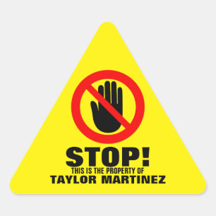 Sticker Triangulaire Arrêter les mains avertissement jaune nom personna