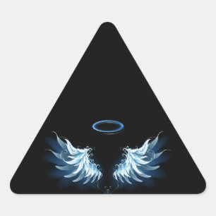 Sticker Triangulaire Blue Glowing Angel Wings on black background