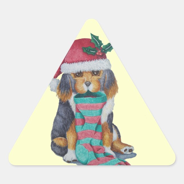 Sticker Triangulaire chiot noir et brun mignon vêtu pour noël (Devant)