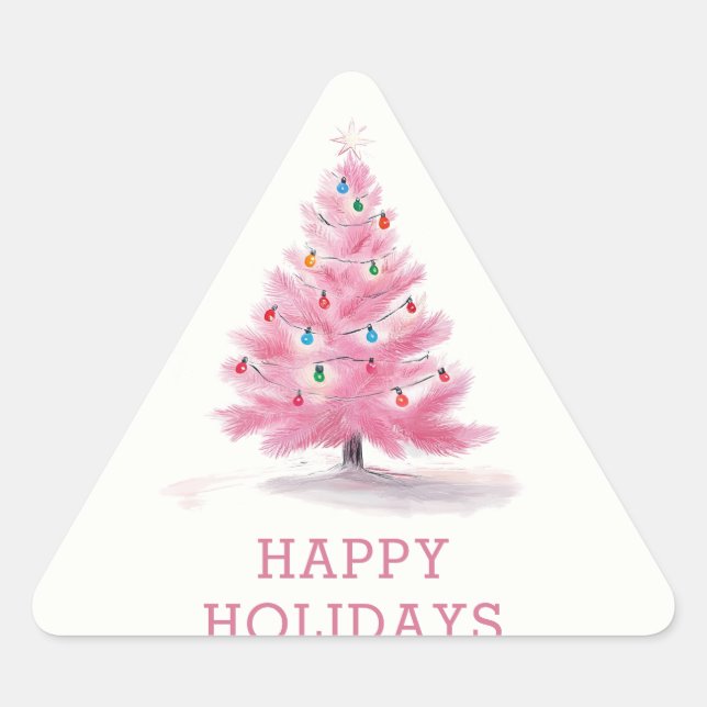 Sticker Triangulaire Joyeuses Fêtes Sapin de Noël Rose Moderne (Devant)