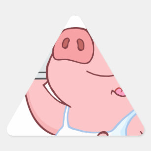 Sticker Triangulaire Joyeux Chef De Cochon Tenant Un Panneau Plateau