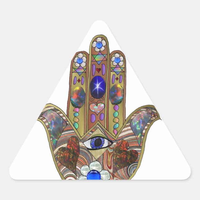 Sticker Triangulaire Judaica Hamsa Coeurs Fleurs Opal Art Imprimer (Devant)