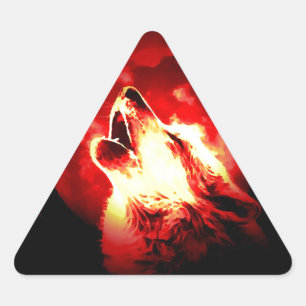 Sticker Triangulaire Loup, lune et ciel rouge