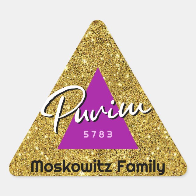Sticker Triangulaire Personnalisé Happy Purim Faux Parties scintillant  (Devant)