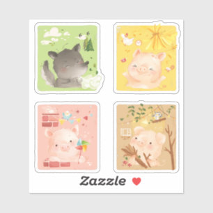 Sticker Trois petits cochons et grand méchant loup
