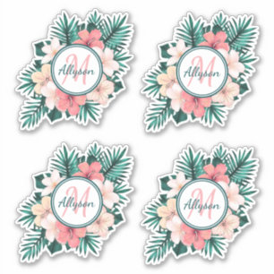 Sticker Tropical Fern Hibiscus Cadre Monogramme Contour