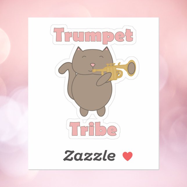 Sticker Trumpet Tribe Cat Music (A sticker with a cute brown cat playing the trumpet and the words trumpet tribe in pink.)