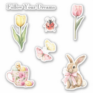 Sticker Tulipes Jaunes Roses Papillons Lapin Coccinelle