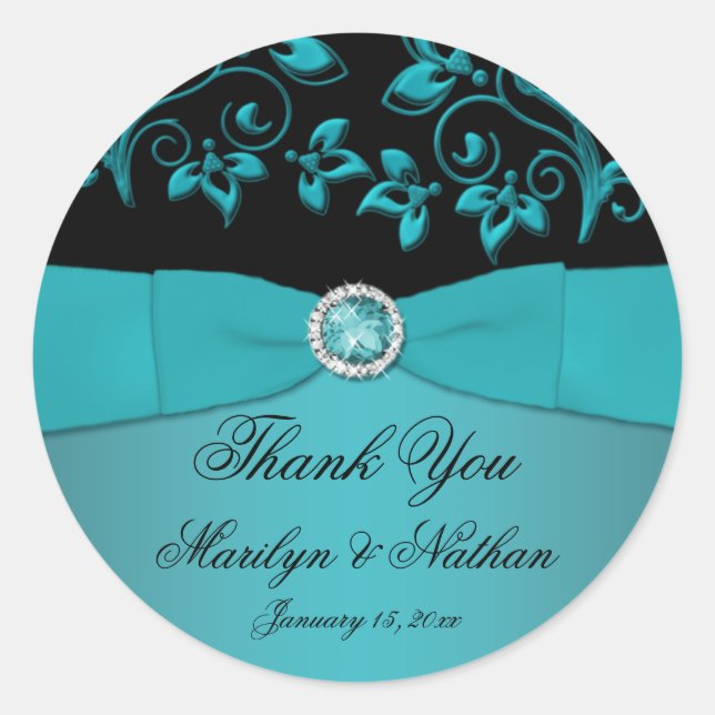 Sticker turquoise et Black Floral 3" en Merci rond (Devant)