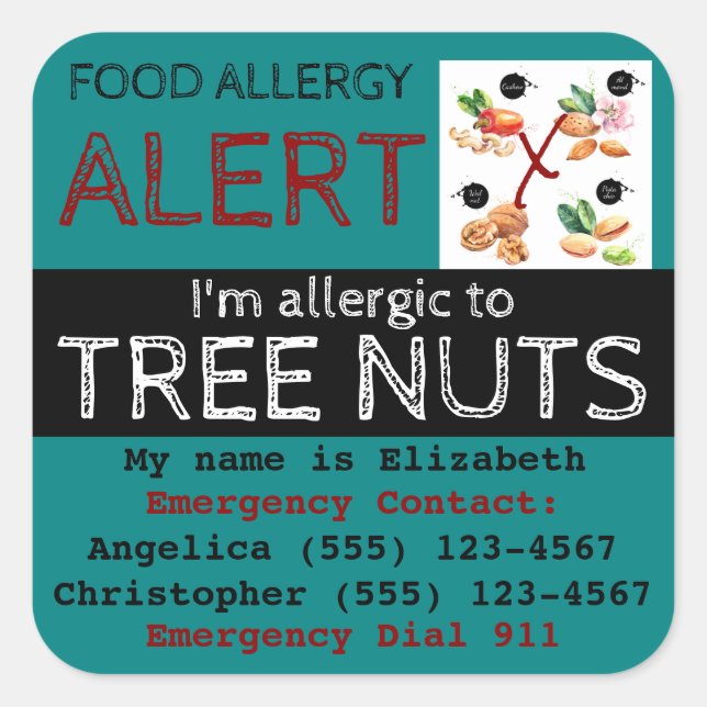Sticker turquoise Tree Nut Food Allergy Alert Étiq (Devant)