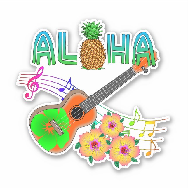 Sticker Ukulélé de musique d'île Aloha (Devant)