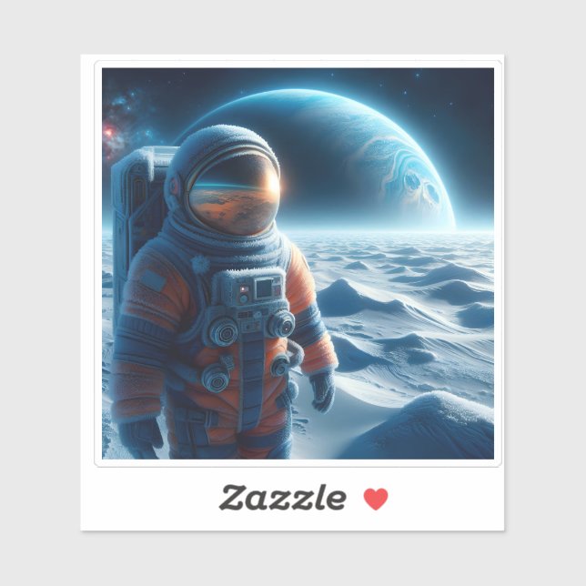Sticker Un astronaute explore Icy Terrain d'une lune Alien (Feuille)