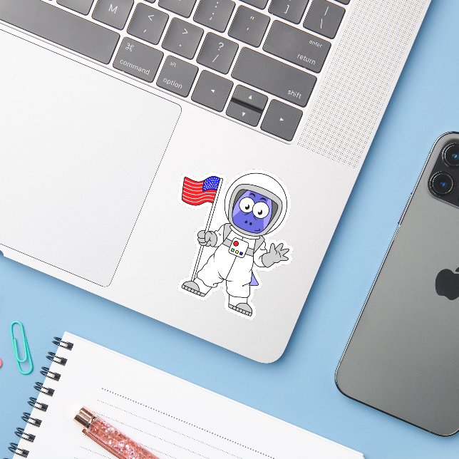 Sticker Un astronaute parasaurolophus tient le drapeau amé (Ordinateur portable avec iPhone)