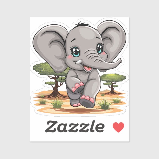 Sticker Un bébé éléphant qui sonne heureux dans la savane  (Feuille)