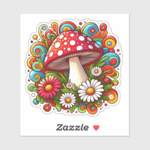 Sticker Un champignon vibrant entouré de fleurs colorées