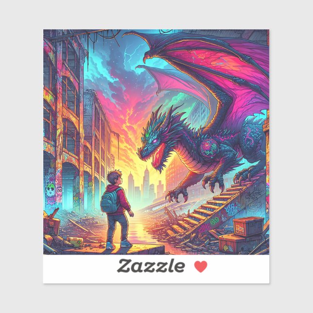 Sticker Un garçon rencontre un dragon dans un monde dystop (Feuille)