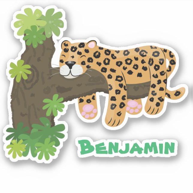 Sticker Un mignon léopard dormant dans un arbre dessin ani (Devant)