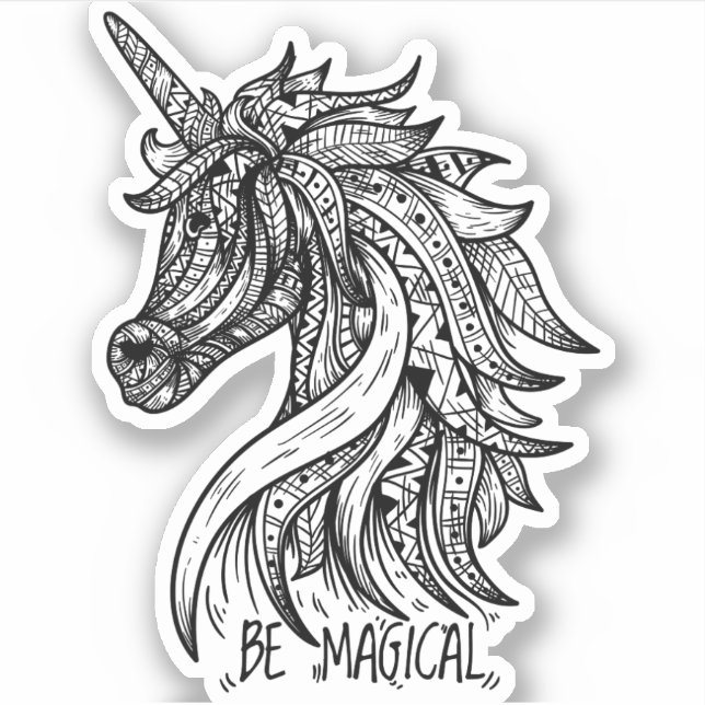 Sticker Unicorn Mandala Henna Doodle noir blanc Cool (Devant)