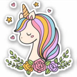 Sticker Unicorn mignonne fille Whimsical rose floral