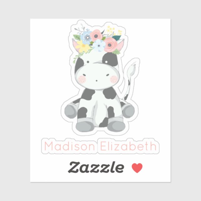 Sticker Vache Bébé Avec Pépinière Florale Couronne Nom Per (Feuille)