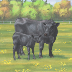 Sticker Vache d'Angus noir et veau mou en pâturage d'été