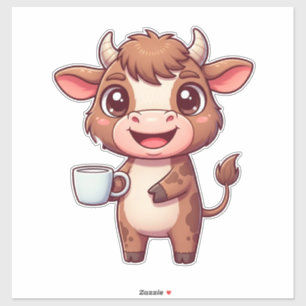 Sticker Vache de dessin animé heureuse avec tasse de milks