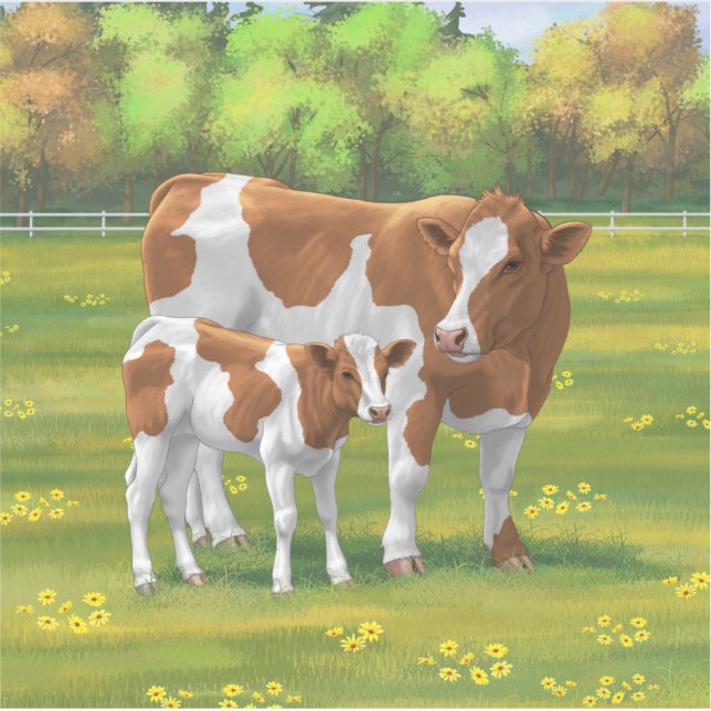 Sticker Vache de Guernesey et veau mignon dans les pâturag (Devant)