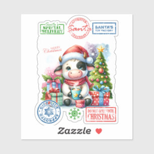 Sticker Vache de Noël joyeuse avec des cadeaux !