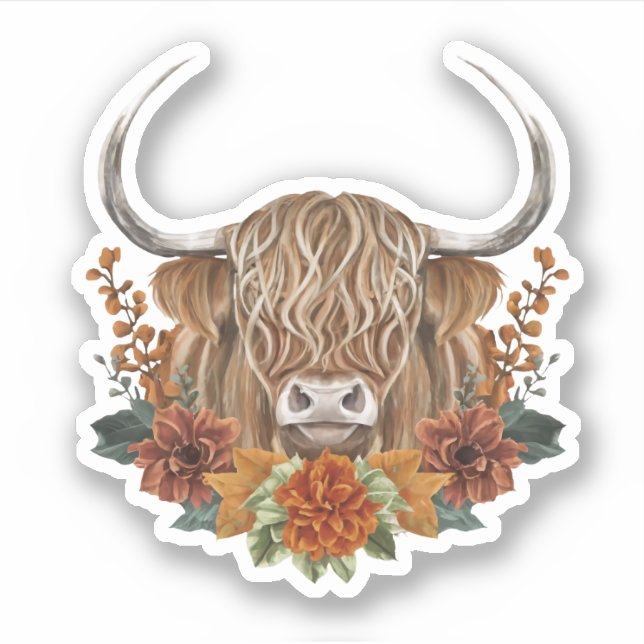 Sticker Vache Highland mignonne aux fleurs d'automne (Devant)