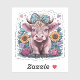 Sticker Vache Highland mignonne aux fleurs Turquoises Coqu