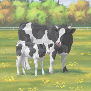 Sticker Vache Holstein et veau mignon en pâturage d'été