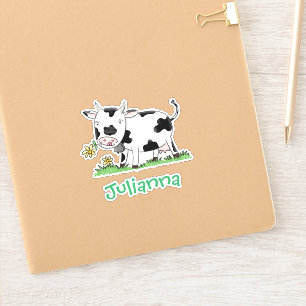 Sticker Vache mignonne en vert dessin animé sur le terrain