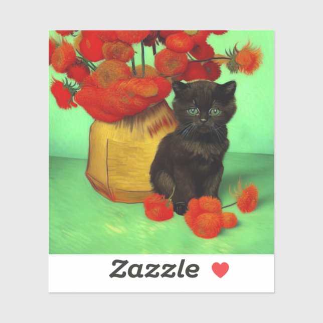 Sticker Van Gogh Black Kitten Fleurs rouges (Feuille)