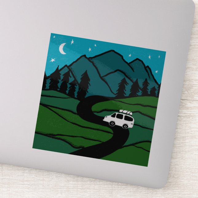 Sticker VAN LIFE Trees Forest Mountain Explorez Moon Stars (Détail)