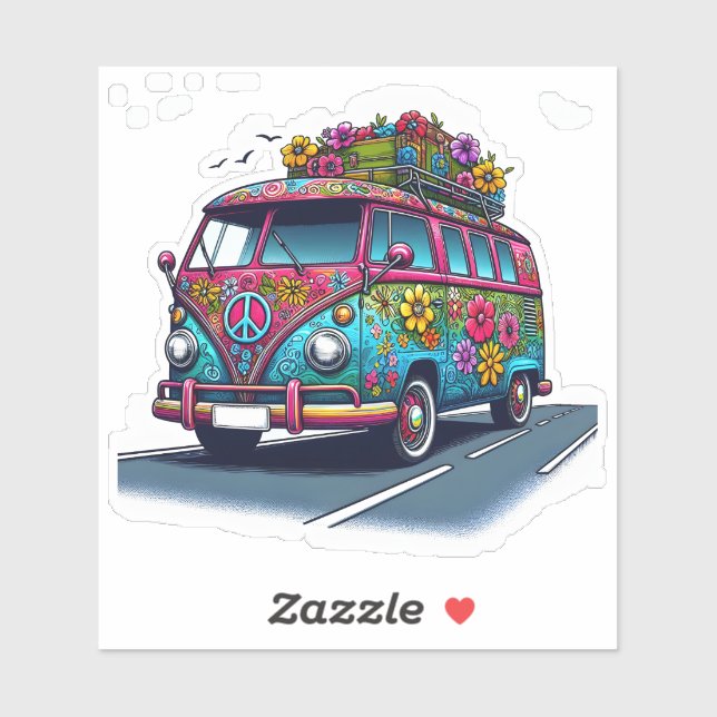 Sticker Van Retro Flowered sur la route (Feuille)