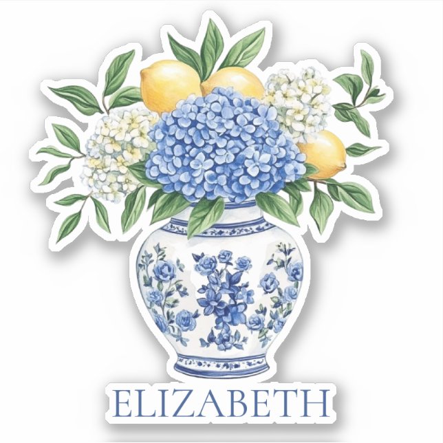 Sticker Vase Chinoiserie Bleu et Blanc avec hydrangées (Devant)