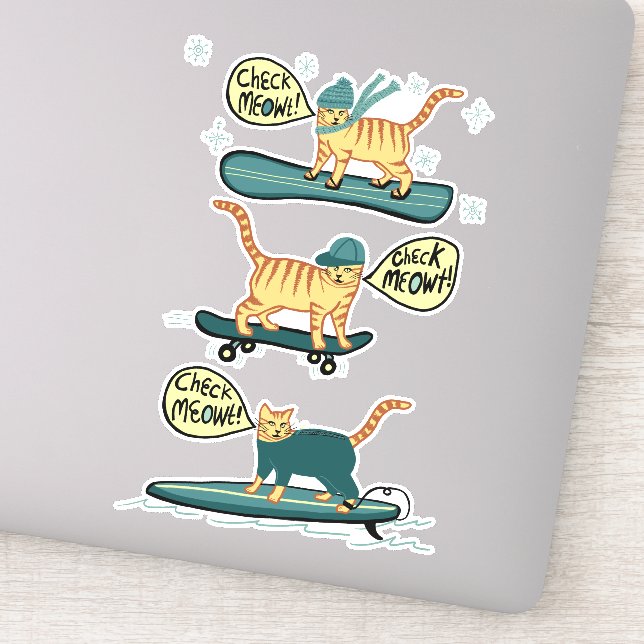 Sticker VÉRIFIEZ MEOWT ! Tabby Cat Skateboard Surf Snowboa (Détail)