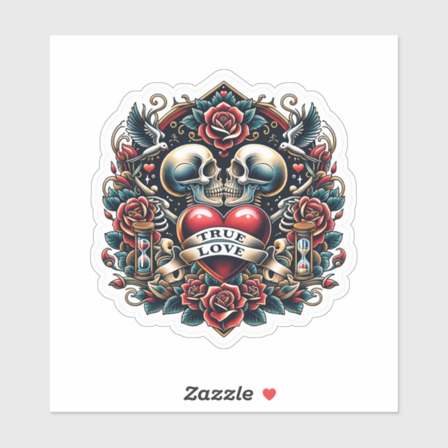 Sticker Véritable amour Skeleton Coeur Tatouage Look (Feuille)